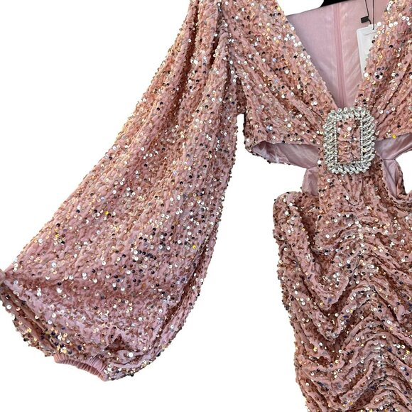 Line & Dot Small Sequin Embellished Rhinestone Belt Pink V-Neck Mini Dress NEW - Picture 5 of 9